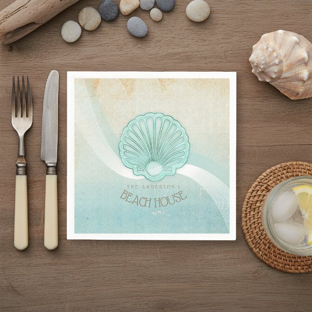 Serviette En Papier Maison de plage Coquille de palourde Aqua Bleu ID6 (Créateur téléchargé)