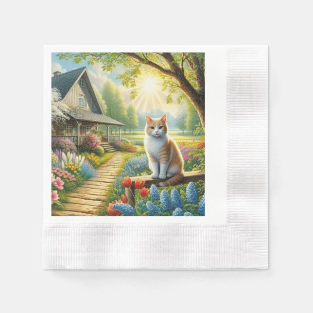 Serviette En Papier Maison de printemps/jardin & chat (Devant)