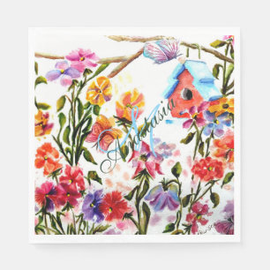 SERVIETTE EN PAPIER MAISON D'OISEAUX DANS JARDIN BLANC PARTI MONOGRAM