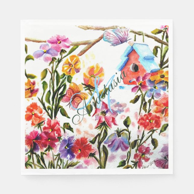 SERVIETTE EN PAPIER MAISON D'OISEAUX DANS JARDIN BLANC PARTI MONOGRAM (Devant)