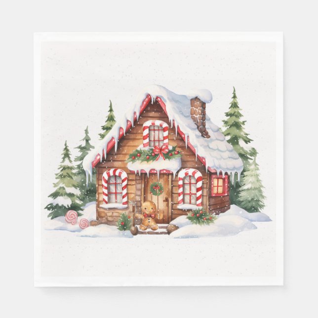 Serviette En Papier Maison En Pain D'Or De Noël En Neige (Devant)