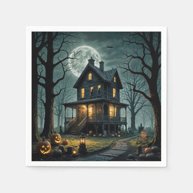 Serviette En Papier Maison hantée d'Halloween avec des citrouilles-lan (Devant)
