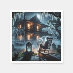 Serviette En Papier Maison Hantée D'Halloween Avec Pierre De Tombeau