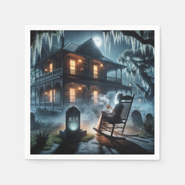 Serviette En Papier Maison Hantée D'Halloween Avec Pierre De Tombeau (Devant)