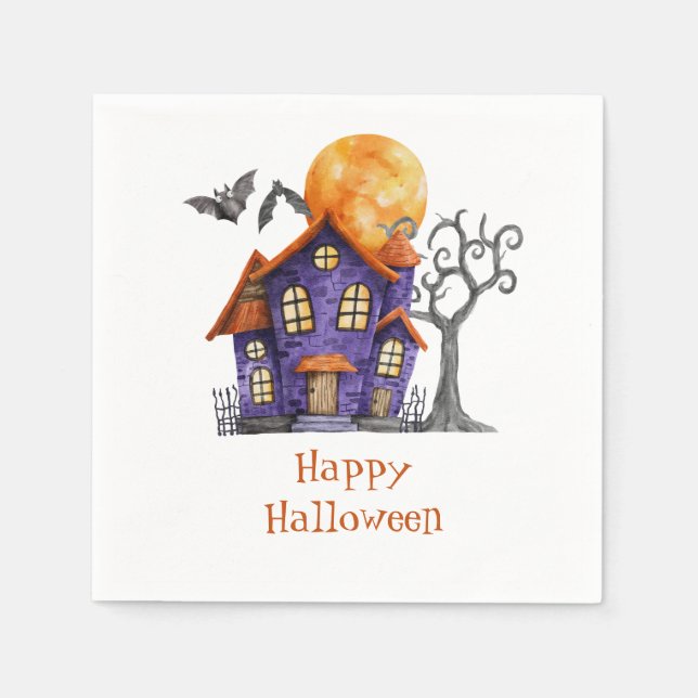 Serviette En Papier Maison hantée personnalisée Joyeux Halloween  (Devant)