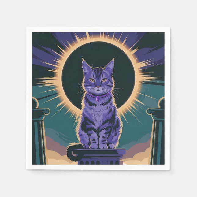 Serviette En Papier majestueux chat assis sous une éclipse solaire, (Devant)