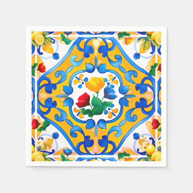 Serviette En Papier Majolica, Carreaux bleus, Carreaux siciliens, Carr (Devant)
