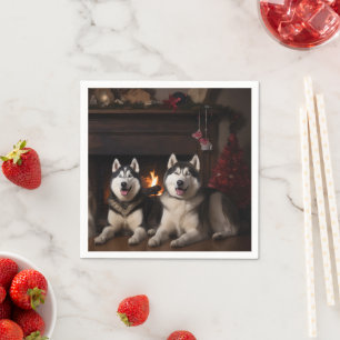 Serviette En Papier Malamute d'Alaska au coin de la cheminée Noël