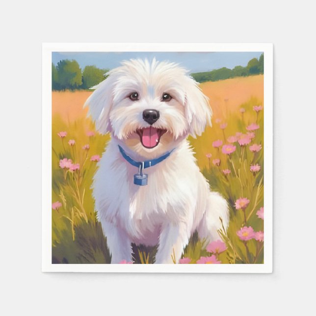 Serviette En Papier Maltese Dog Flower Field Painting (Devant)
