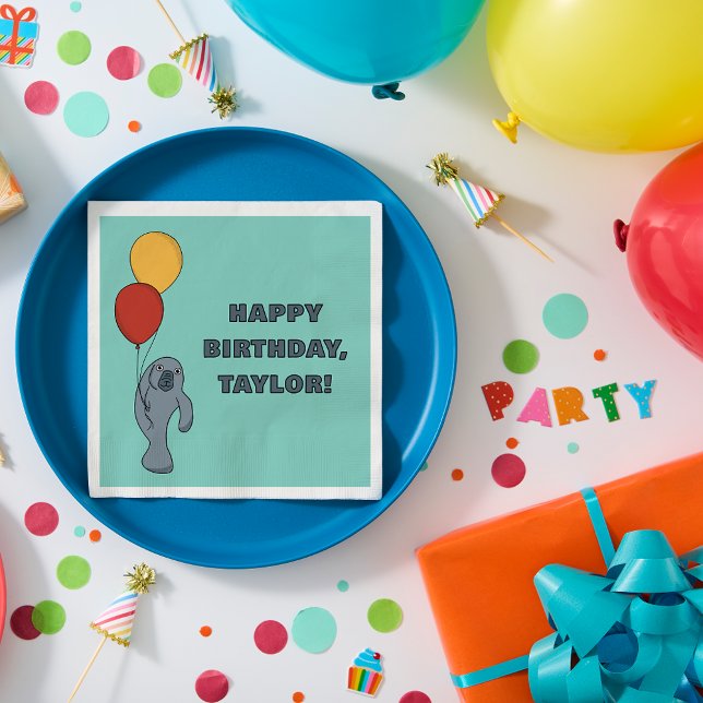 Serviette En Papier Manatee et Ballons fête d'anniversaire personnalis (Créateur téléchargé)