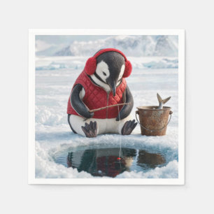 Serviette En Papier Manchot de Noël pêche sur glace sur un glacier arc