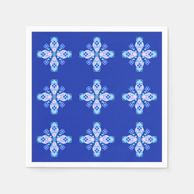 Serviette En Papier Mandala à quatre points - orchidée, bleu et cobalt (Devant)