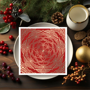 Serviette En Papier Mandala Art Boho Elegant or foncé rouge Noël