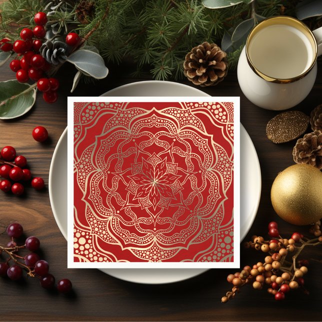 Serviette En Papier Mandala Art Boho Elegant or foncé rouge Noël (Créateur téléchargé)