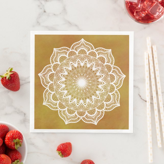 Serviette En Papier Mandala blanc sur fond doré (En situation)