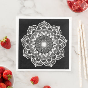 Serviette En Papier Mandala blanc sur fond noir