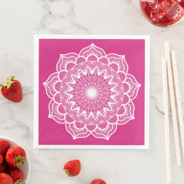 Serviette En Papier Mandala blanc sur fond rose (En situation)