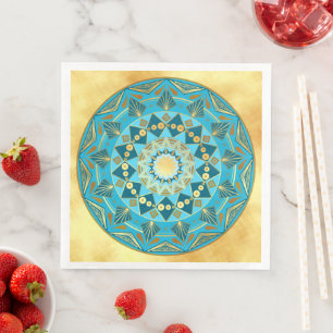 Serviette En Papier Mandala bleu or sur fond or doux