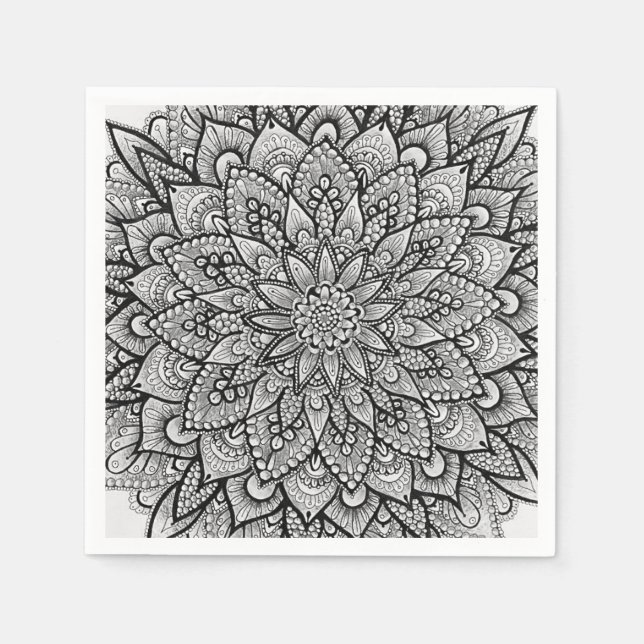 Serviette En Papier Mandala d'art original noir et blanc (Devant)