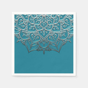 Serviette En Papier Mandala Élégant Minimaliste Bleu Vert et Argent po