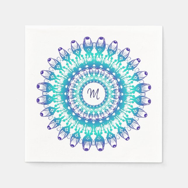 Serviette En Papier Mandala ethnique turquoise. monogramme. (Devant)