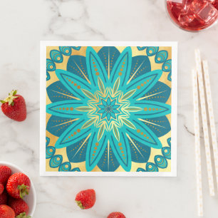 Serviette En Papier Mandala Fleur Or Bleu