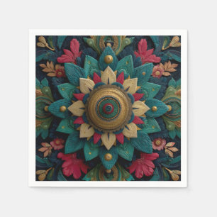 Serviette En Papier Mandala floral texturé complexe en sarcelle et or