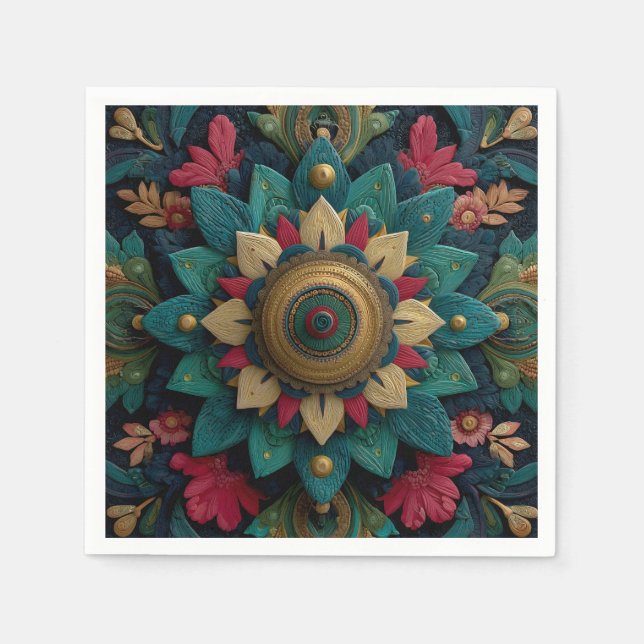 Serviette En Papier Mandala floral texturé complexe en sarcelle et or (Devant)