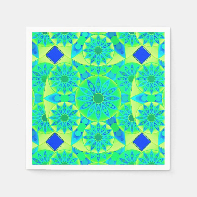Serviette En Papier Mandala motif, turquoise, bleu, vert citron (Devant)
