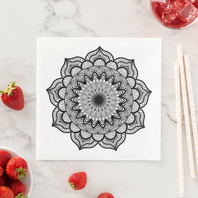 Serviette En Papier Mandala noir sur fond blanc (En situation)