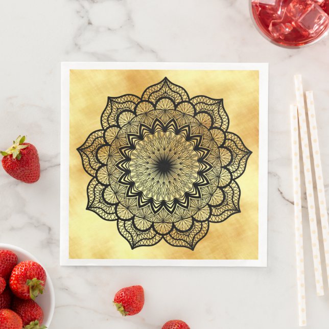 Serviette En Papier Mandala noir sur fond doré clair (En situation)