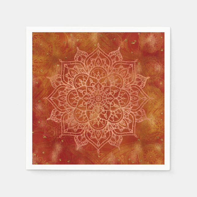 Serviette En Papier Mandala orange et Or Moderne et Chic (Devant)