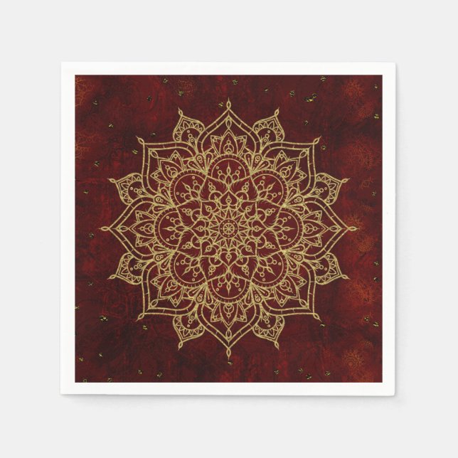 Serviette En Papier Mandala Rouge Vin Profond & Glam Doré Moderne Chic (Devant)