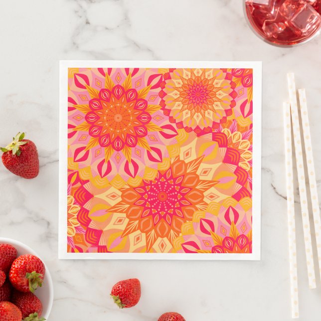 Serviette En Papier Mandala superposé orange rose jaune (En situation)