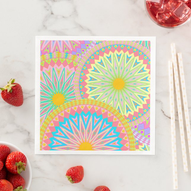Serviette En Papier Mandala superposé rose bleu jaune menthe violet (En situation)