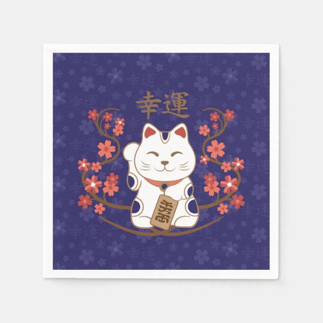 Serviette En Papier Maneki-neko chat avec bonne chance kanji (Devant)