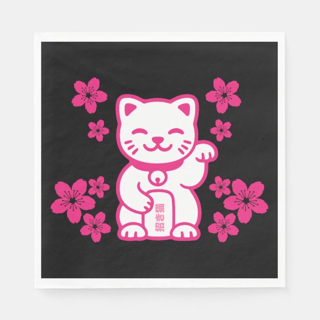 Serviette En Papier Maneki-neko japonais rose (Devant)