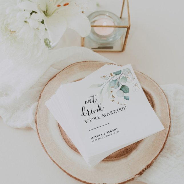 Serviette En Papier Mangez Boire Nous sommes mariés Gold Green Mariage (Créateur téléchargé)