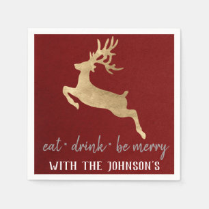 Serviette En Papier Mangez Boire Soyez Merry Gold Reindeer Burgundy Gr
