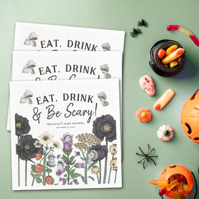 Serviette En Papier Mangez un verre et soyez effrayant Baby shower d'H (Eat, drink and be scary Halloween baby shower party paper napkins with flowers and mushroom ghosts.)