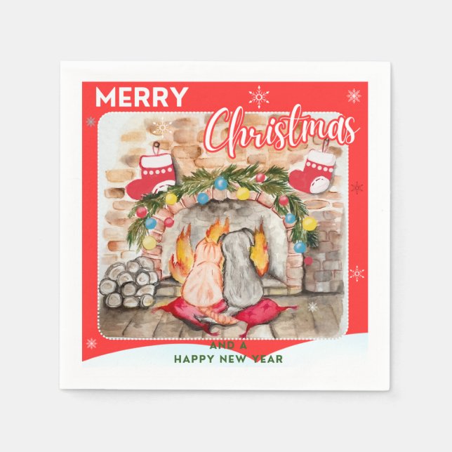 Serviette En Papier Manoir de Noël confortable avec chien et chat (Devant)