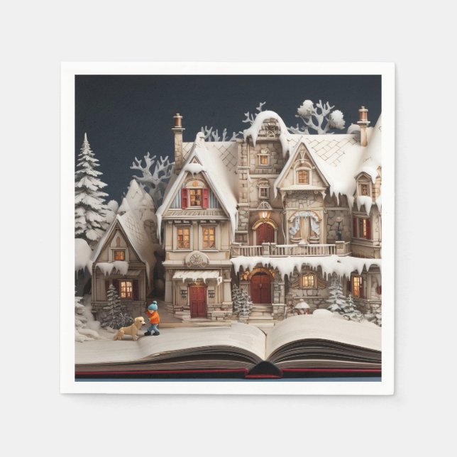 Serviette En Papier Manoir du livre de Noël avec enfant et chien (Devant)