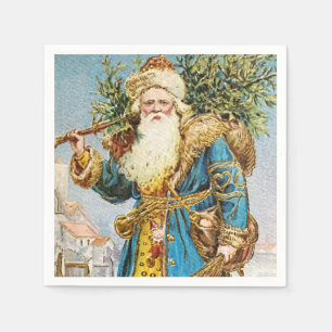 Serviette En Papier Manteau bleu vintage Santa Claus avec arbre de Noë