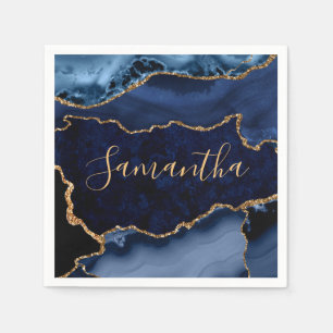 Serviette En Papier Marbre Agate Bleu Marine et Paillettes de Faux Or