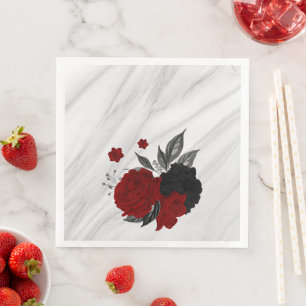 Serviette En Papier Marbre aux belles fleurs noires et rouges