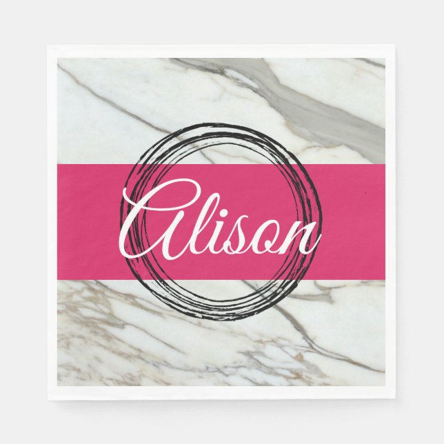 Serviette En Papier Marbre blanc et fuchsia rose ajouter nom (Devant)