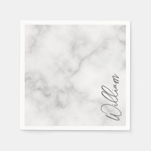 Serviette En Papier Marbre blanc Modern Script Nom personnalisé