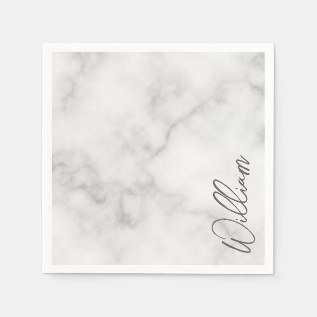 Serviette En Papier Marbre blanc Modern Script Nom personnalisé (Devant)