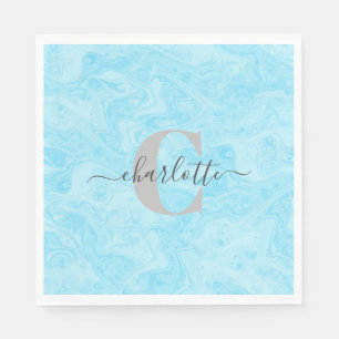 Serviette En Papier Marbre Bleu Pastel Nom Personnalisé Monogrammé