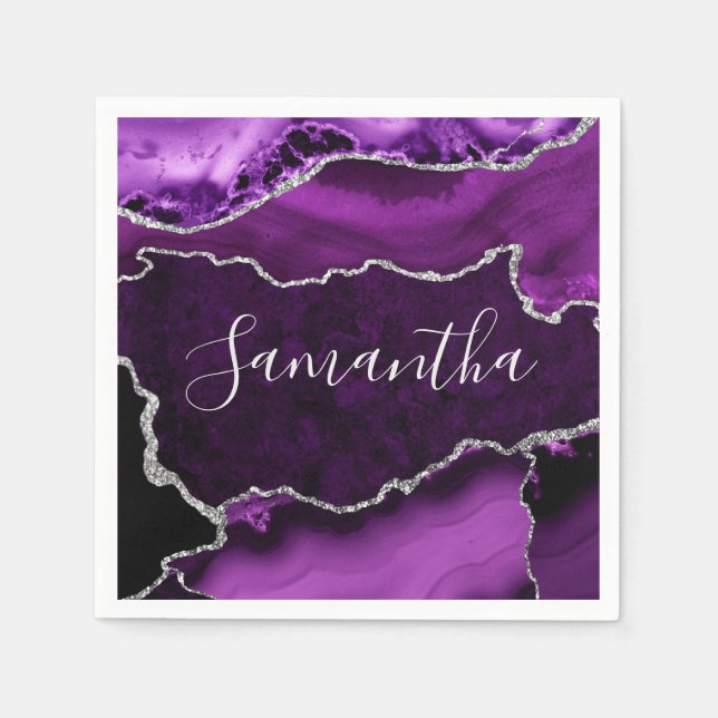 Serviette En Papier Marbre d'agate violet et faux paillettes argentées (Devant)